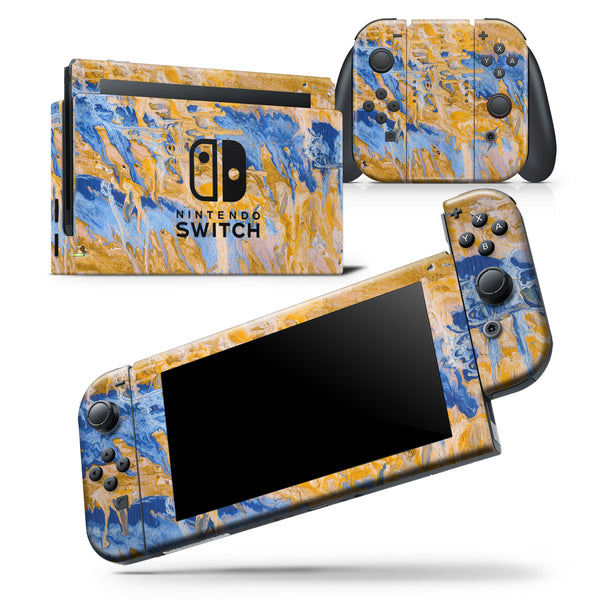 Abstract Wet Paint Blue and Gold Tilt - Skin Wrap Decal for Nintendo Switch Lite Console & Dock - 3DS XL - 2DS - Pro - DSi - Wii - Joy-Con Gaming Controller