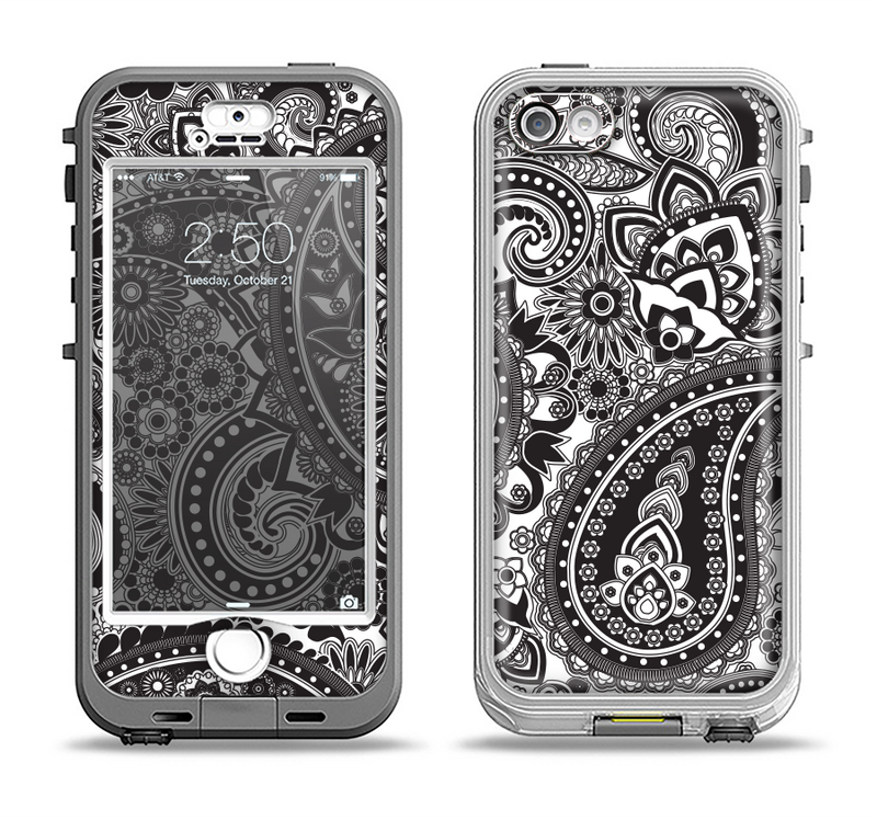 The Black and White Paisley Pattern V6 Apple iPhone 5-5s LifeProof Nuud Case Skin Set