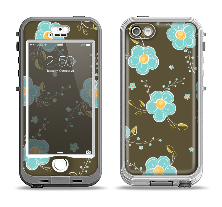The Green and Subtle Blue Floral Pattern Apple iPhone 5-5s LifeProof Nuud Case Skin Set