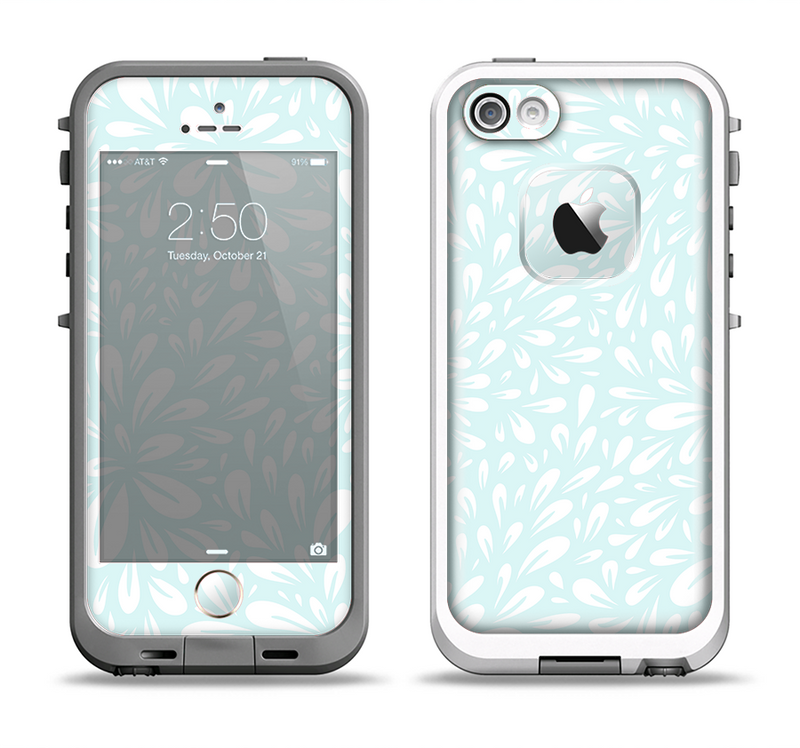 The Light Teal Blue & White Floral Sprout Apple iPhone 5-5s LifeProof Fre Case Skin Set