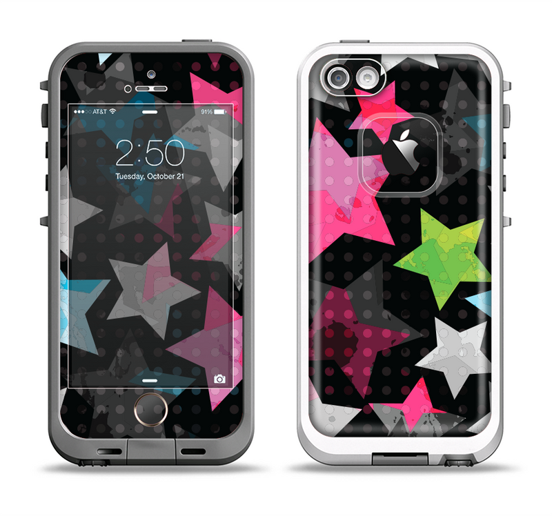 The Neon Highlighted Polka Stars On Black Apple iPhone 5-5s LifeProof Fre Case Skin Set