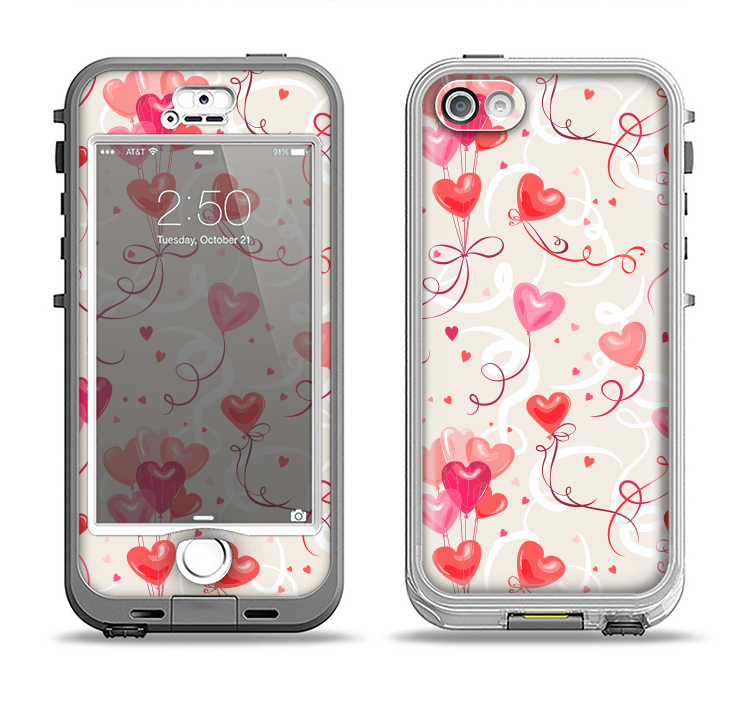 The Pink, Red and Tan Heart Balloon Pattern Apple iPhone 5-5s LifeProof Nuud Case Skin Set