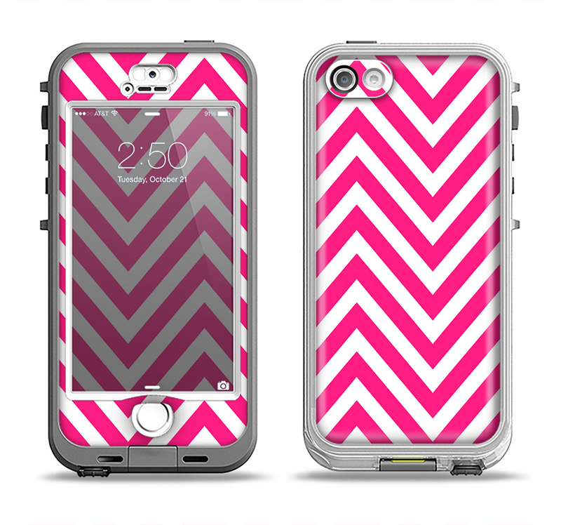 The Pink & White Sharp Chevron Pattern Apple iPhone 5-5s LifeProof Nuud Case Skin Set