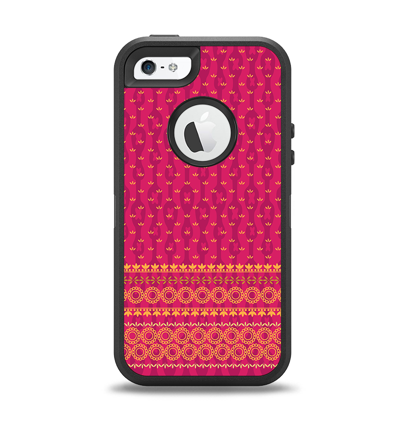 The Tall Pink & Orange Floral Vector Pattern Apple iPhone 5-5s Otterbox Defender Case Skin Set