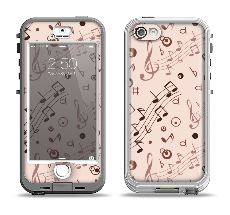 The Tan Music Note Pattern Apple iPhone 5-5s LifeProof Nuud Case Skin Set