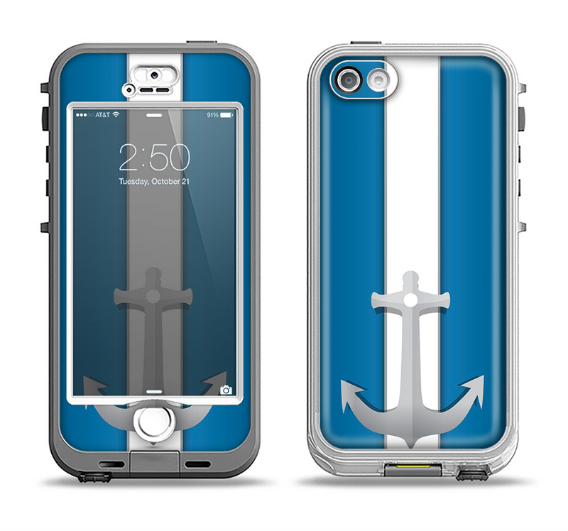 The Vector Blue and Gray Anchor with White Stripe Apple iPhone 5-5s LifeProof Nuud Case Skin Set