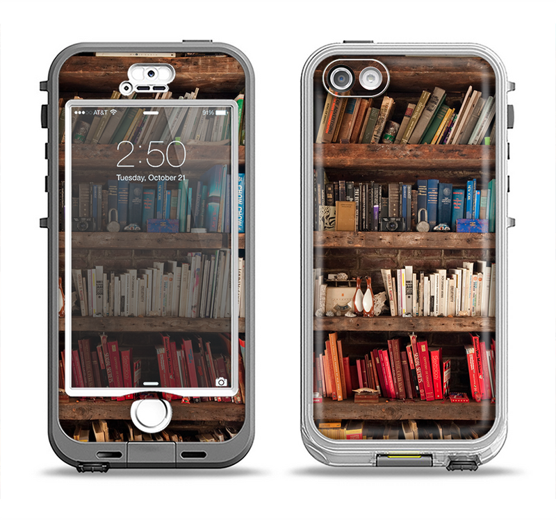 The Vintage Bookcase V1 Apple iPhone 5-5s LifeProof Nuud Case Skin Set