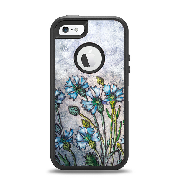 The Watercolor Blue Vintage Flowers Apple iPhone 5-5s Otterbox Defender Case Skin Set